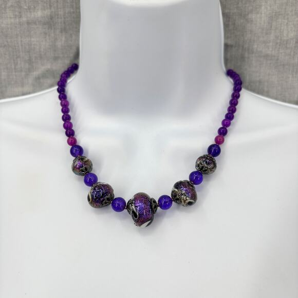 Purple Beaded Necklace with Galaxy-Inspired Statement Beads 19" Collar Length - Picture 1 of 6